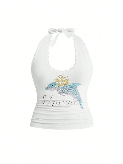 ROMWE Avant Y2K Casual Relaxed Cute Dolphin Graphic Rhinestone Embellished Tank Top For Women, Suitable For Island Vacation
