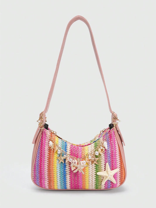 ROMWE Fairycore 1Pccolorful Dopamine Resort Style Starfish Shell Decor Straw Bag, Tropical Island Beach Bag, Suitable For Spring And Summer Travel Vacation Outfit,Holiday