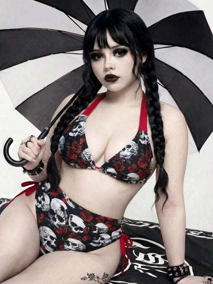 ROMWE Goth Plus Size Skull & Floral Print Swimwear Set