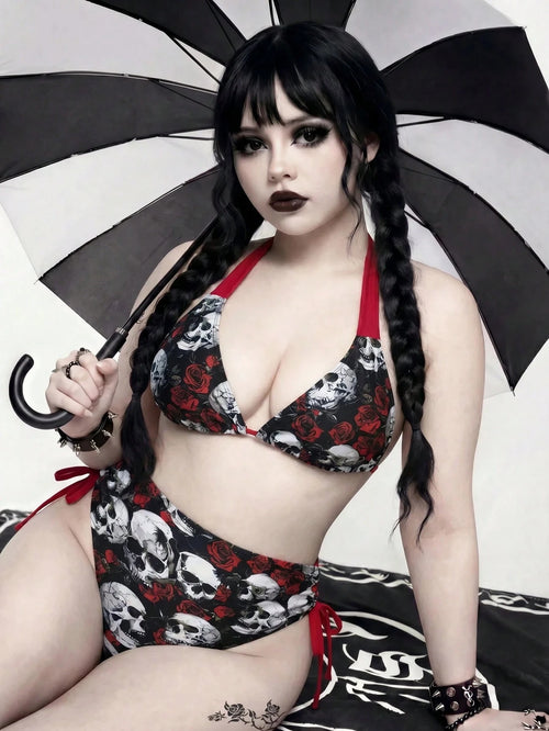 ROMWE Goth Plus Size Skull & Floral Print Swimwear Set