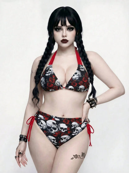 ROMWE Goth Plus Size Skull & Floral Print Swimwear Set
