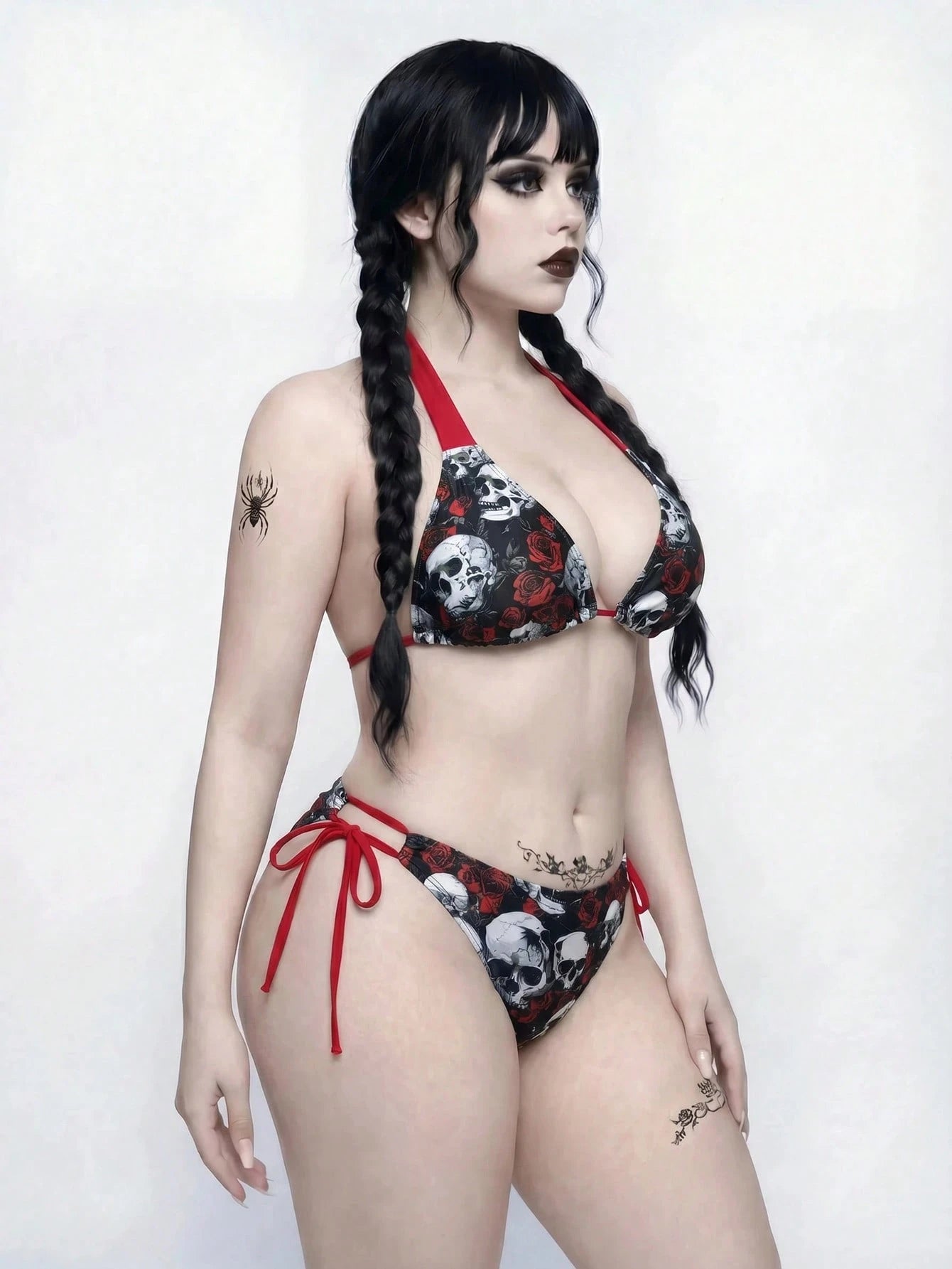 ROMWE Goth Plus Size Skull & Floral Print Swimwear Set