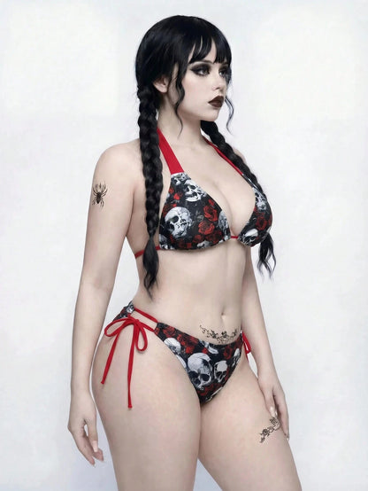 ROMWE Goth Plus Size Skull & Floral Print Swimwear Set