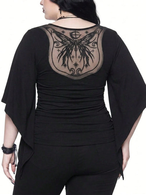 ROMWE Goth Vintage Waist-Cinching Flare Sleeve Comfortable Fabric Mysterious Butterfly Embroidered Mesh Sheer Plus Size T-Shirt