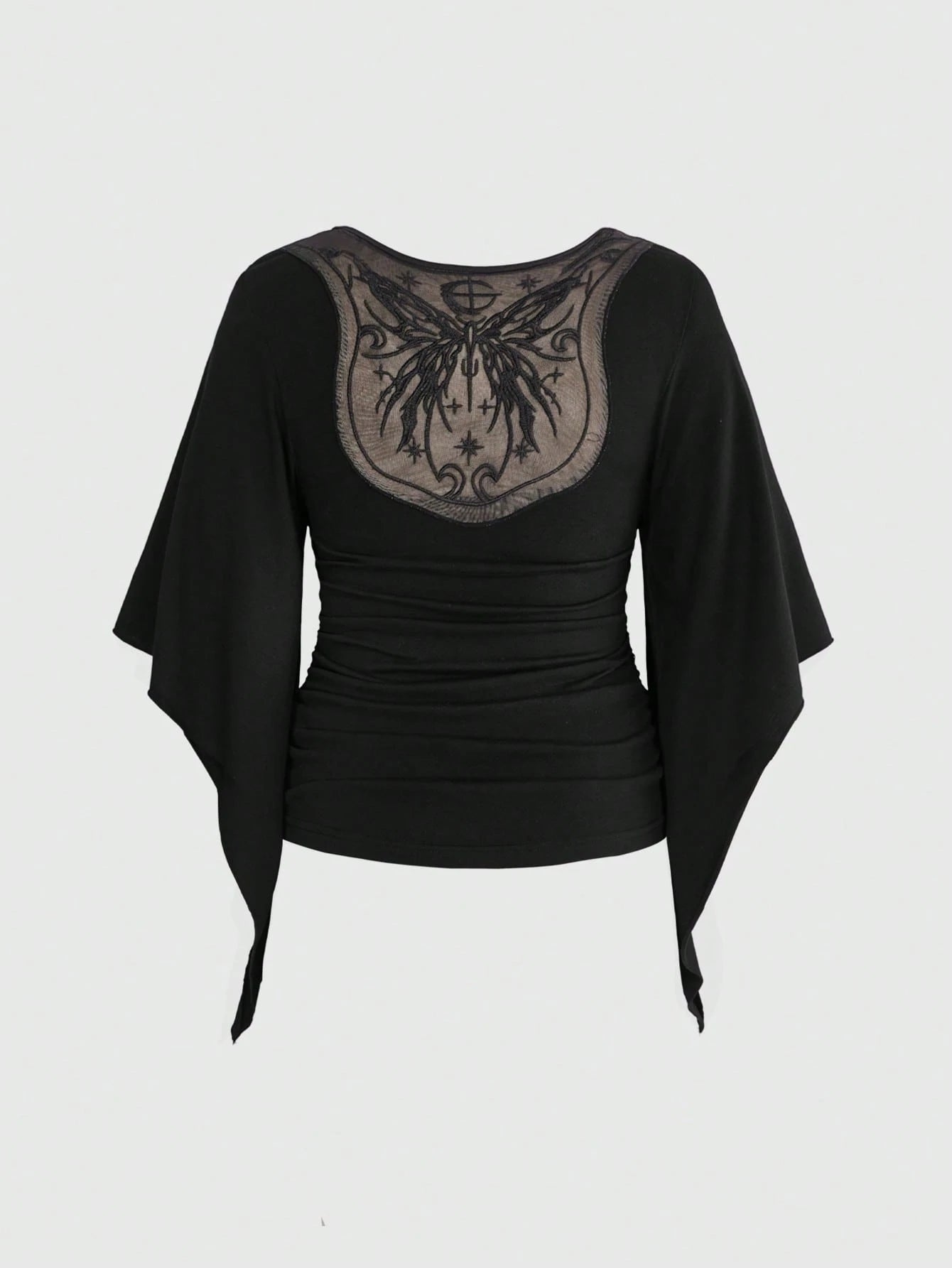 ROMWE Goth Vintage Waist-Cinching Flare Sleeve Comfortable Fabric Mysterious Butterfly Embroidered Mesh Sheer Plus Size T-Shirt