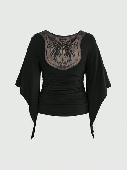 ROMWE Goth Vintage Waist-Cinching Flare Sleeve Comfortable Fabric Mysterious Butterfly Embroidered Mesh Sheer Plus Size T-Shirt