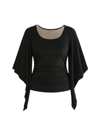 ROMWE Goth Vintage Waist-Cinching Flare Sleeve Comfortable Fabric Mysterious Butterfly Embroidered Mesh Sheer Plus Size T-Shirt