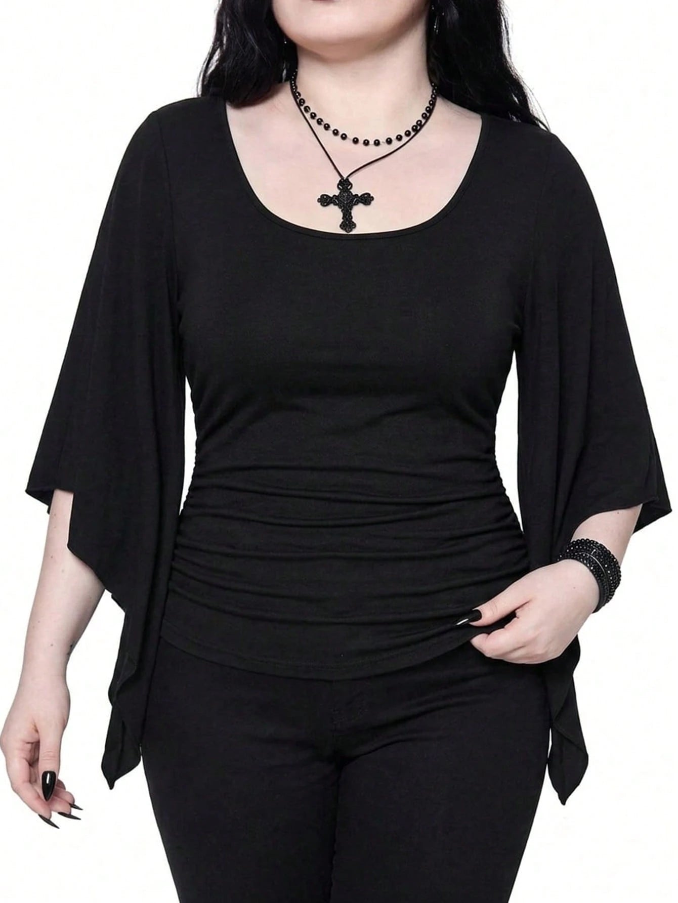 ROMWE Goth Vintage Waist-Cinching Flare Sleeve Comfortable Fabric Mysterious Butterfly Embroidered Mesh Sheer Plus Size T-Shirt