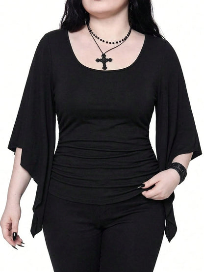 ROMWE Goth Vintage Waist-Cinching Flare Sleeve Comfortable Fabric Mysterious Butterfly Embroidered Mesh Sheer Plus Size T-Shirt