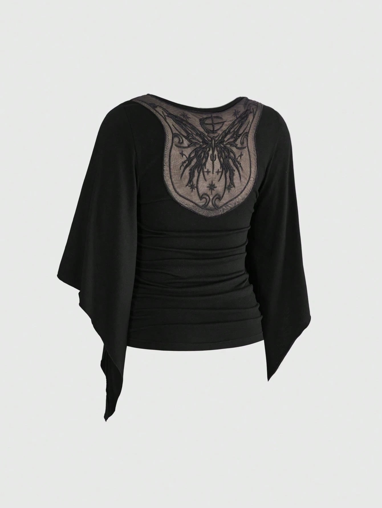 ROMWE Goth Vintage Waist-Cinching Flare Sleeve Comfortable Fabric Mysterious Butterfly Embroidered Mesh Sheer Plus Size T-Shirt