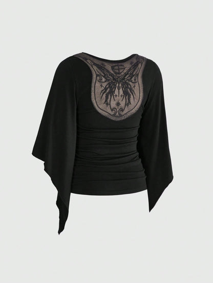 ROMWE Goth Vintage Waist-Cinching Flare Sleeve Comfortable Fabric Mysterious Butterfly Embroidered Mesh Sheer Plus Size T-Shirt