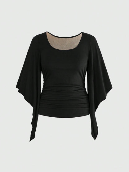 ROMWE Goth Vintage Waist-Cinching Flare Sleeve Comfortable Fabric Mysterious Butterfly Embroidered Mesh Sheer Plus Size T-Shirt