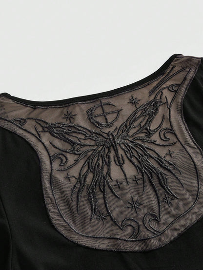 ROMWE Goth Vintage Waist-Cinching Flare Sleeve Comfortable Fabric Mysterious Butterfly Embroidered Mesh Sheer Plus Size T-Shirt