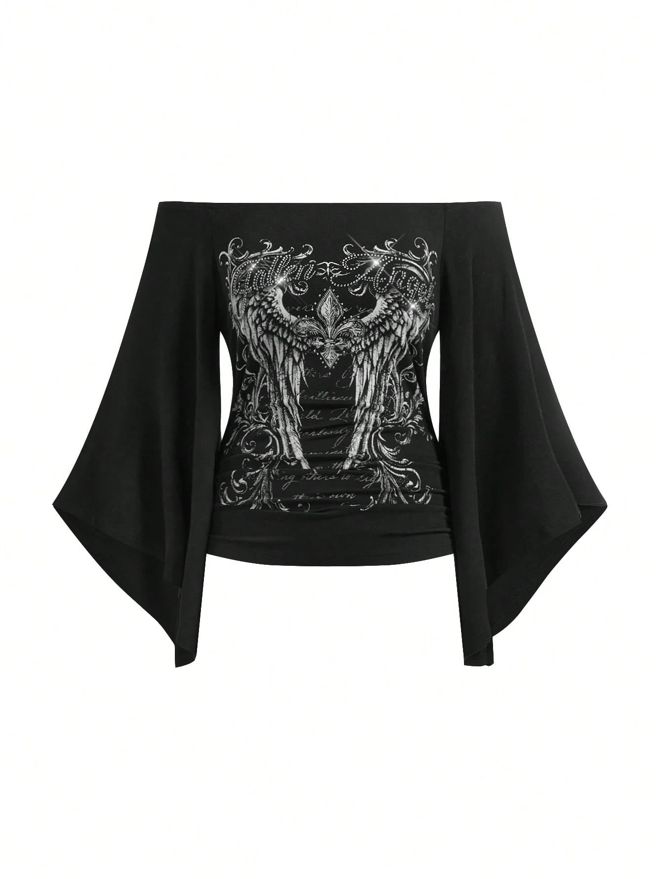ROMWE Gothic Iris Wing Rhinestone Letter Print Asymmetrical Sleeve Plus Size Women's Top, Off-Shoulder Women's Top Fall