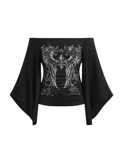 ROMWE Gothic Iris Wing Rhinestone Letter Print Asymmetrical Sleeve Plus Size Women's Top, Off-Shoulder Women's Top Fall