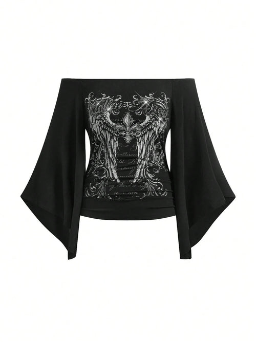 ROMWE Gothic Iris Wing Rhinestone Letter Print Asymmetrical Sleeve Plus Size Women's Top, Off-Shoulder Women's Top Fall