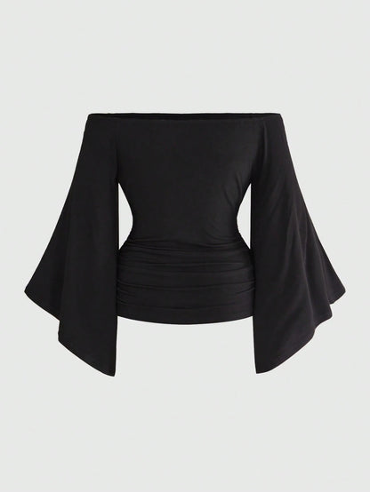 ROMWE Gothic Iris Wing Rhinestone Letter Print Asymmetrical Sleeve Plus Size Women's Top, Off-Shoulder Women's Top Fall