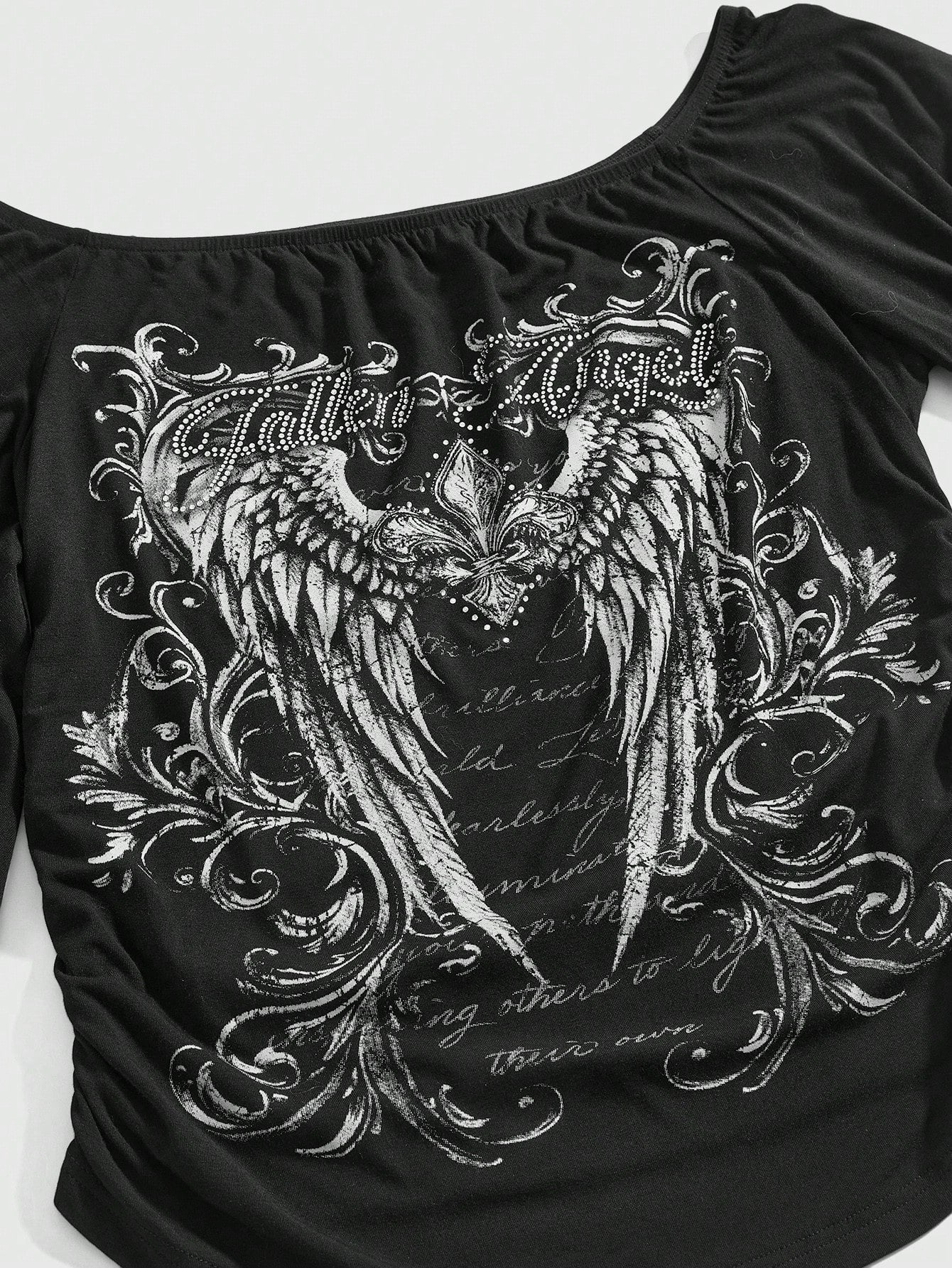ROMWE Gothic Iris Wing Rhinestone Letter Print Asymmetrical Sleeve Plus Size Women's Top, Off-Shoulder Women's Top Fall
