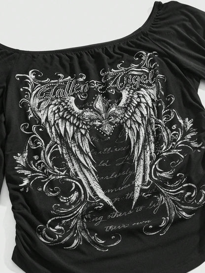 ROMWE Gothic Iris Wing Rhinestone Letter Print Asymmetrical Sleeve Plus Size Women's Top, Off-Shoulder Women's Top Fall