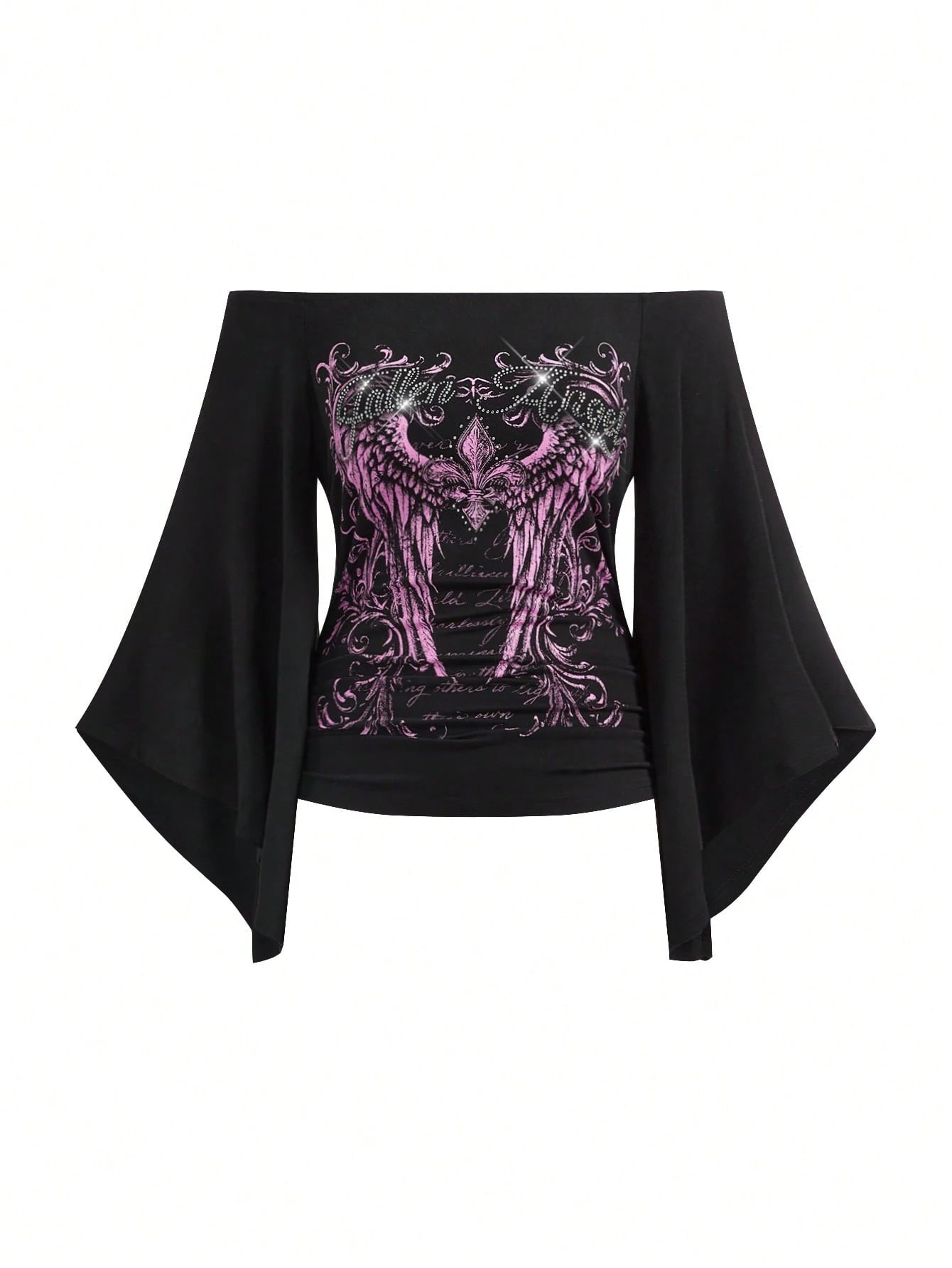 ROMWE Gothic Iris Wing Rhinestone Letter Print Asymmetrical Sleeve Plus Size Women's Top, Off-Shoulder Women's Top Fall