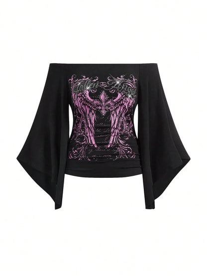 ROMWE Gothic Iris Wing Rhinestone Letter Print Asymmetrical Sleeve Plus Size Women's Top, Off-Shoulder Women's Top Fall