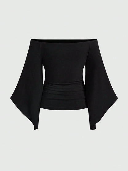 ROMWE Gothic Iris Wing Rhinestone Letter Print Asymmetrical Sleeve Plus Size Women's Top, Off-Shoulder Women's Top Fall