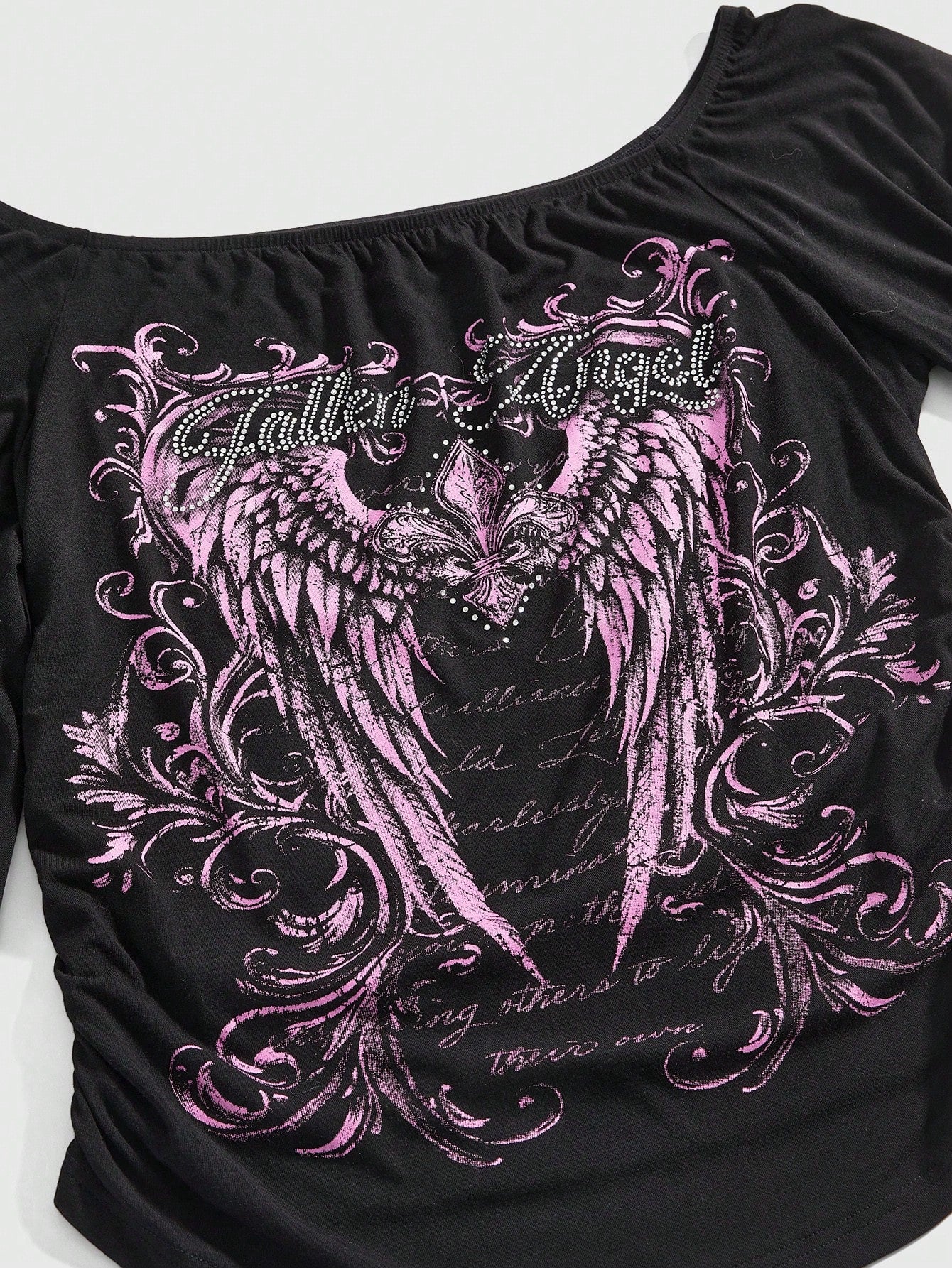 ROMWE Gothic Iris Wing Rhinestone Letter Print Asymmetrical Sleeve Plus Size Women's Top, Off-Shoulder Women's Top Fall