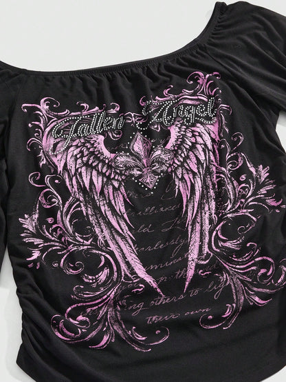 ROMWE Gothic Iris Wing Rhinestone Letter Print Asymmetrical Sleeve Plus Size Women's Top, Off-Shoulder Women's Top Fall
