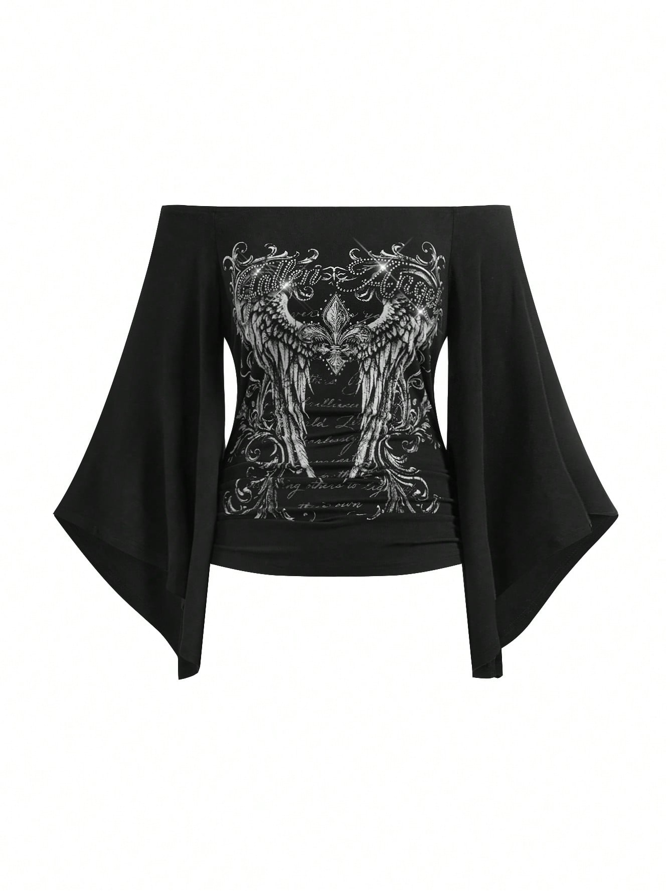 ROMWE Gothic Iris Wing Rhinestone Letter Print Asymmetrical Sleeve Plus Size Women's Top, Off-Shoulder Women's Top Fall
