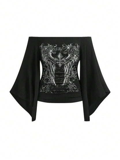 ROMWE Gothic Iris Wing Rhinestone Letter Print Asymmetrical Sleeve Plus Size Women's Top, Off-Shoulder Women's Top Fall