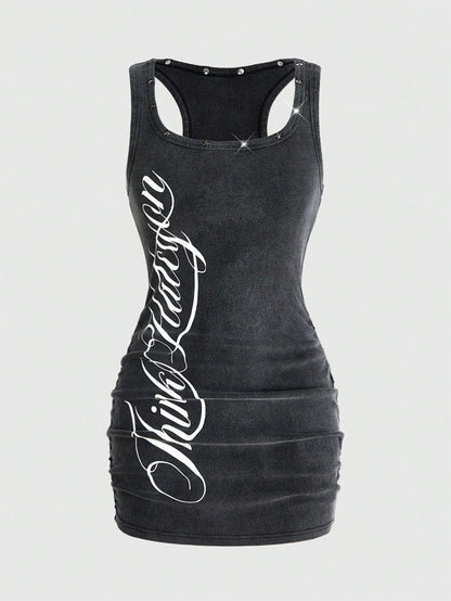 ROMWE Grunge Punk Women's Retro Baddie Unisex Streetwear Casual Star & Rivet Print Bodycon Mini Dress