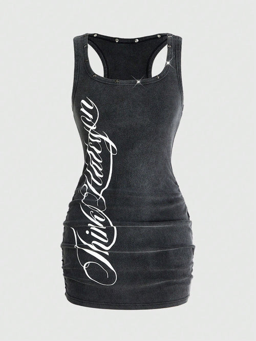 ROMWE Grunge Punk Women's Retro Baddie Unisex Streetwear Casual Star & Rivet Print Bodycon Mini Dress