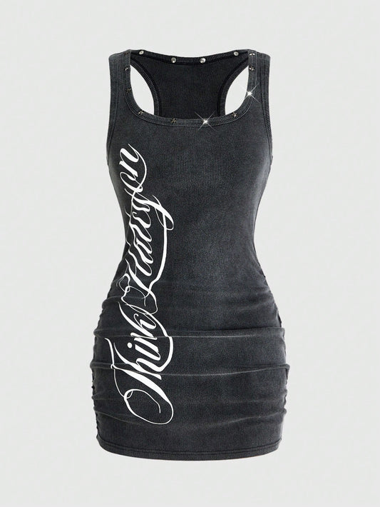 ROMWE Grunge Punk Women's Retro Baddie Unisex Streetwear Casual Star & Rivet Print Bodycon Mini Dress