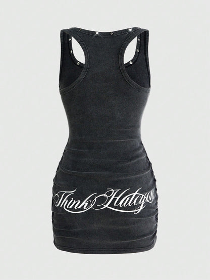 ROMWE Grunge Punk Women's Retro Baddie Unisex Streetwear Casual Star & Rivet Print Bodycon Mini Dress