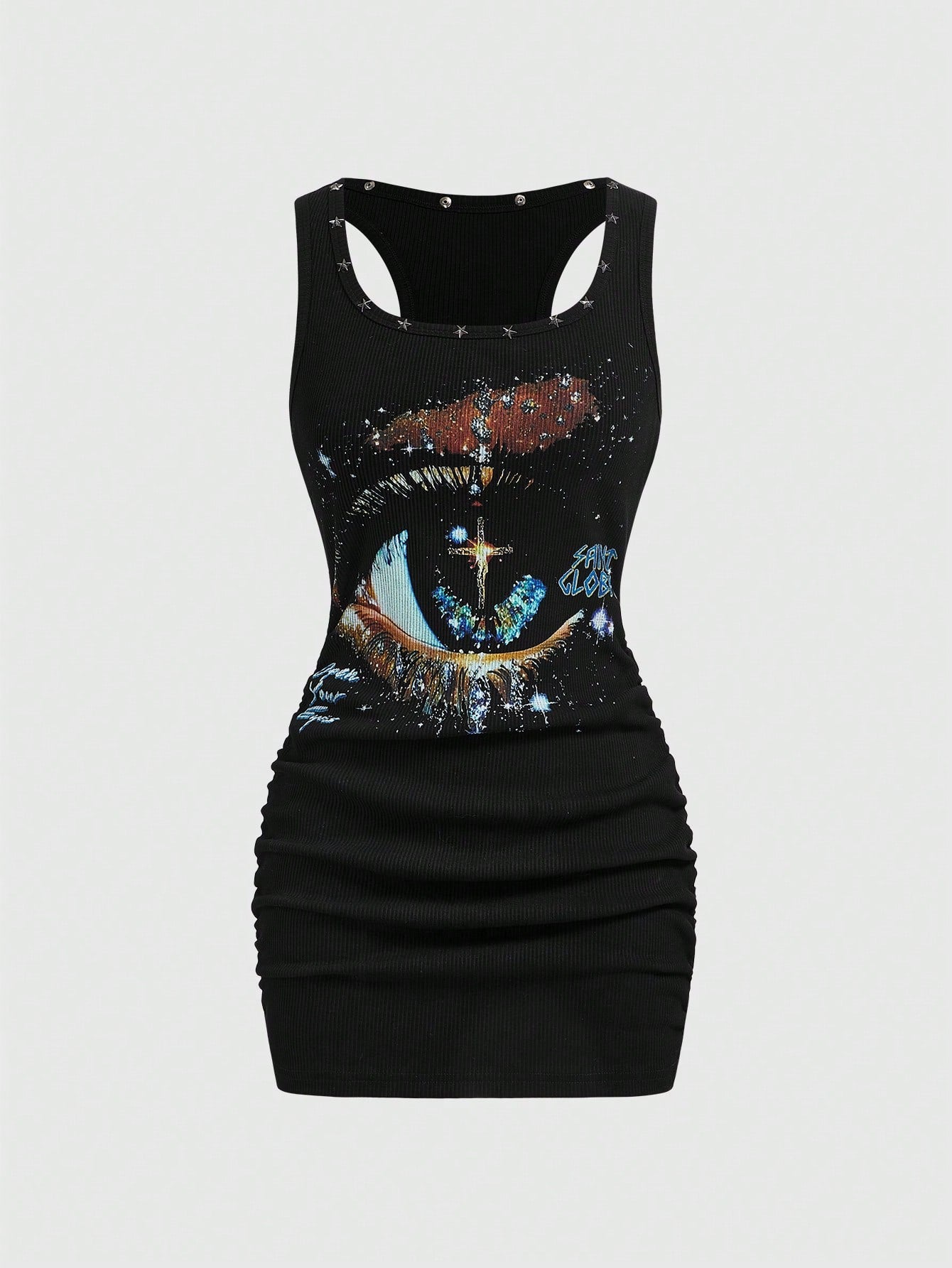 ROMWE Grunge Punk Women's Retro Baddie Unisex Streetwear Casual Star & Rivet Print Bodycon Mini Dress