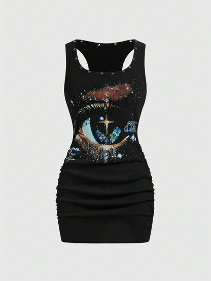 ROMWE Grunge Punk Women's Retro Baddie Unisex Streetwear Casual Star & Rivet Print Bodycon Mini Dress