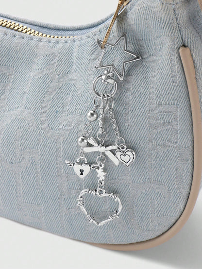 ROMWE Kawaii 2pcs Y2K Chic & Stylish Silver Star Chain Hollow Thorn Heart Crystal Bow Butterfly Wings Teddy Bear Lock Key Chain Bag Charm Combo Set, Suitable For Sisters, Girlfriends, Couples, Friends