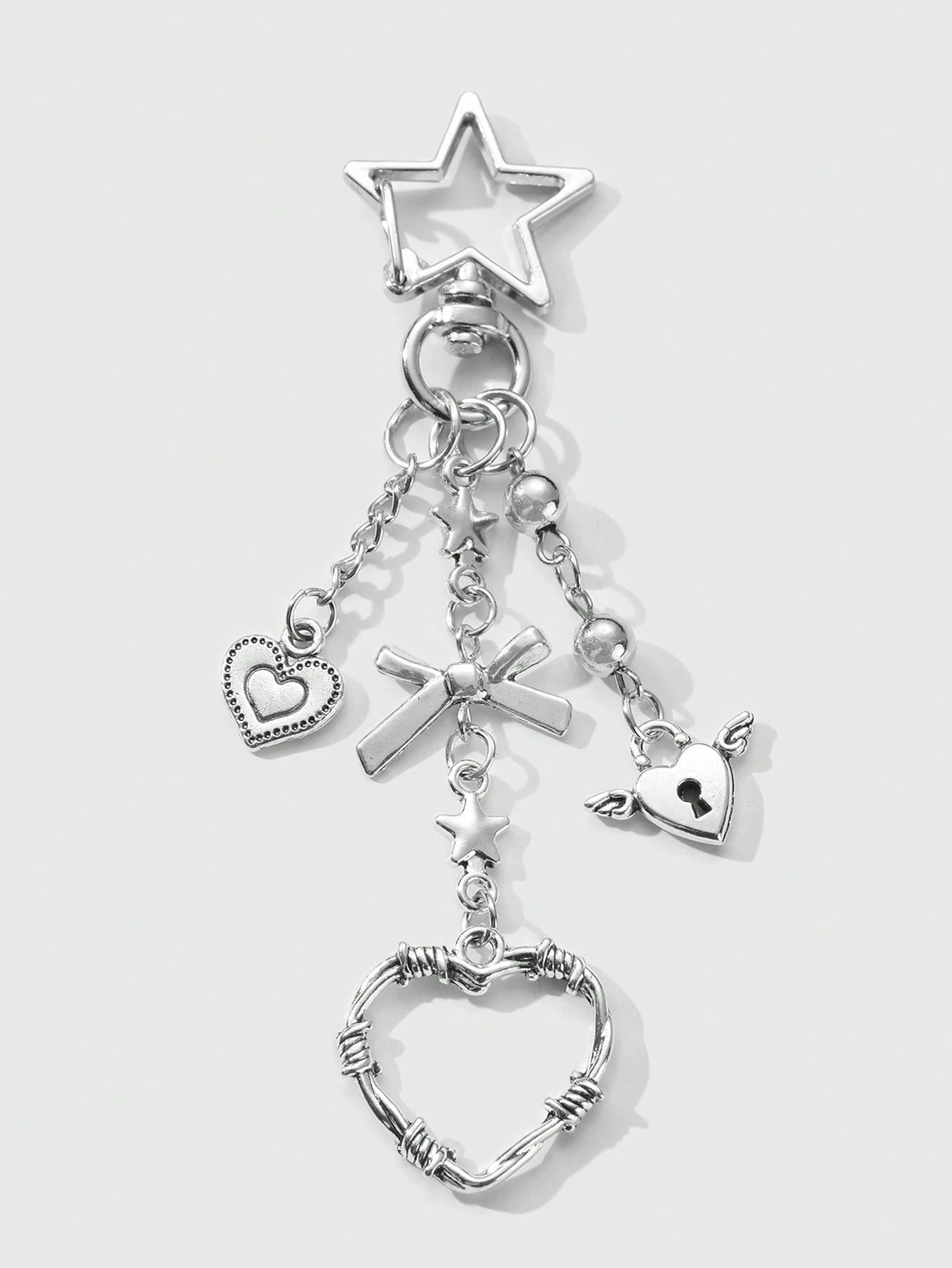 ROMWE Kawaii 2pcs Y2K Chic & Stylish Silver Star Chain Hollow Thorn Heart Crystal Bow Butterfly Wings Teddy Bear Lock Key Chain Bag Charm Combo Set, Suitable For Sisters, Girlfriends, Couples, Friends