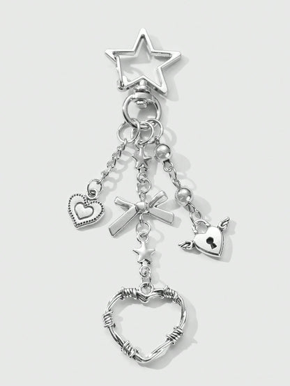 ROMWE Kawaii 2pcs Y2K Chic & Stylish Silver Star Chain Hollow Thorn Heart Crystal Bow Butterfly Wings Teddy Bear Lock Key Chain Bag Charm Combo Set, Suitable For Sisters, Girlfriends, Couples, Friends
