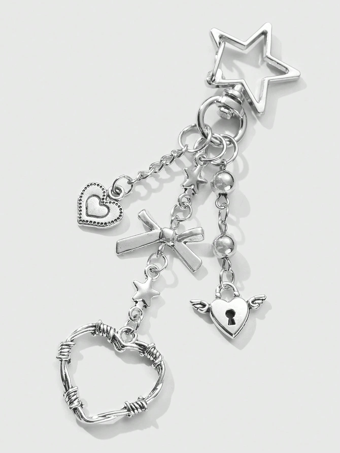 ROMWE Kawaii 2pcs Y2K Chic & Stylish Silver Star Chain Hollow Thorn Heart Crystal Bow Butterfly Wings Teddy Bear Lock Key Chain Bag Charm Combo Set, Suitable For Sisters, Girlfriends, Couples, Friends