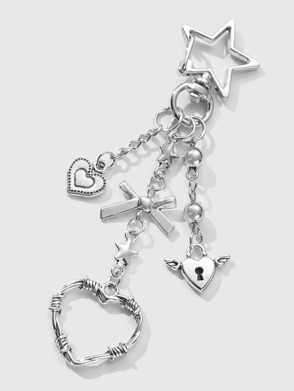 ROMWE Kawaii 2pcs Y2K Chic & Stylish Silver Star Chain Hollow Thorn Heart Crystal Bow Butterfly Wings Teddy Bear Lock Key Chain Bag Charm Combo Set, Suitable For Sisters, Girlfriends, Couples, Friends