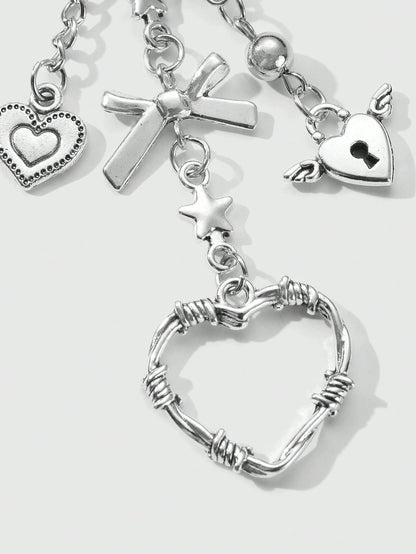 ROMWE Kawaii 2pcs Y2K Chic & Stylish Silver Star Chain Hollow Thorn Heart Crystal Bow Butterfly Wings Teddy Bear Lock Key Chain Bag Charm Combo Set, Suitable For Sisters, Girlfriends, Couples, Friends