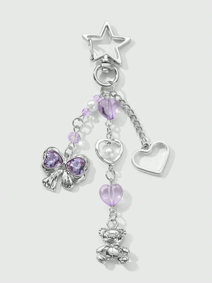 ROMWE Kawaii 2pcs Y2K Chic & Stylish Silver Star Chain Hollow Thorn Heart Crystal Bow Butterfly Wings Teddy Bear Lock Key Chain Bag Charm Combo Set, Suitable For Sisters, Girlfriends, Couples, Friends
