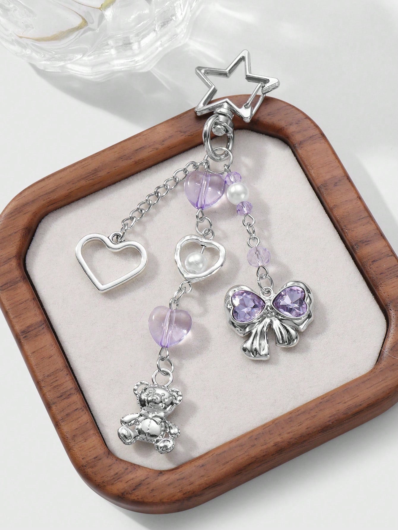 ROMWE Kawaii 2pcs Y2K Chic & Stylish Silver Star Chain Hollow Thorn Heart Crystal Bow Butterfly Wings Teddy Bear Lock Key Chain Bag Charm Combo Set, Suitable For Sisters, Girlfriends, Couples, Friends