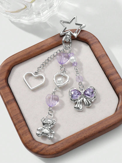 ROMWE Kawaii 2pcs Y2K Chic & Stylish Silver Star Chain Hollow Thorn Heart Crystal Bow Butterfly Wings Teddy Bear Lock Key Chain Bag Charm Combo Set, Suitable For Sisters, Girlfriends, Couples, Friends