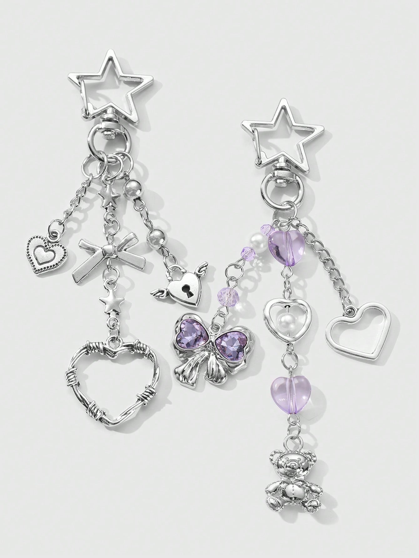 ROMWE Kawaii 2pcs Y2K Chic & Stylish Silver Star Chain Hollow Thorn Heart Crystal Bow Butterfly Wings Teddy Bear Lock Key Chain Bag Charm Combo Set, Suitable For Sisters, Girlfriends, Couples, Friends