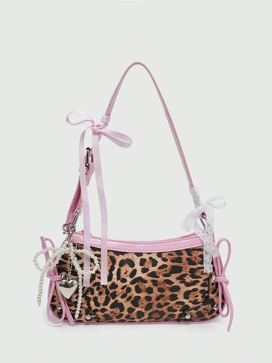 ROMWE Kawaii Ladies Vintage Lattice Butterfly Decorative Chain Imitation Pearl Lace Decorative Shoulder/Underarm Baguette Bag Cheetah Pattern Ladies Wallet