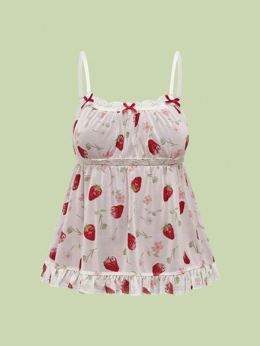 ROMWE Kawaii Plus Size Women's Strawberry Printed Simple Daily Wear Babydoll Cami Top, School, For Summer