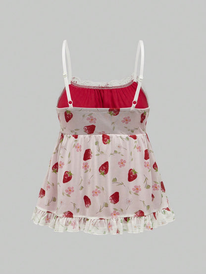 ROMWE Kawaii Plus Size Women's Strawberry Printed Simple Daily Wear Babydoll Cami Top, School, For Summer