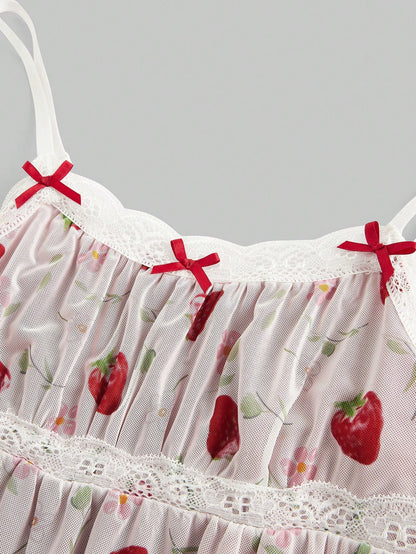 ROMWE Kawaii Plus Size Women's Strawberry Printed Simple Daily Wear Babydoll Cami Top, School, For Summer